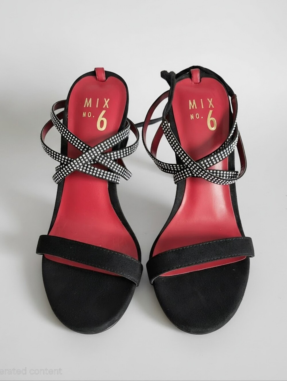 Mix No. 6 Black Suede Heels with Red Insole and Crystal-Cross Straps